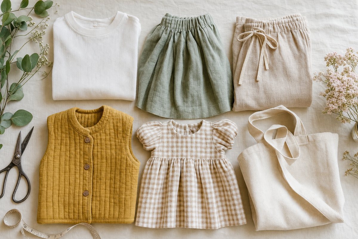 Flat lay of folded handmade garments in a grid: a white tee, sage skirt, oatmeal drawstring trousers, mustard quilted vest, child's gingham dress and canvas tote