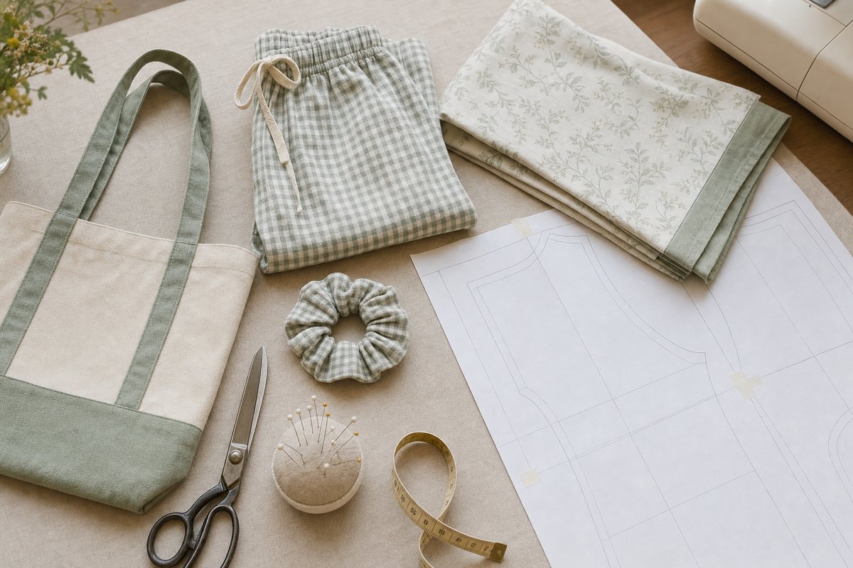 A beginner's first sewing projects on a worktable: a canvas tote bag, gingham pajama pants, a pillowcase and a scrunchie beside taped printed pattern sheets, shears and pins