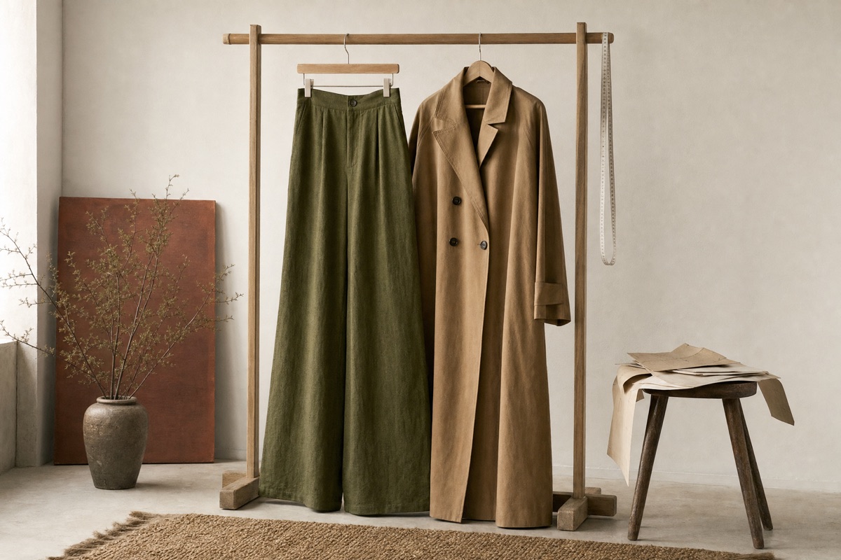Full-length olive wide-leg trousers and a long camel coat hanging on a wooden garment rack, with a tape measure and paper pattern pieces on a stool