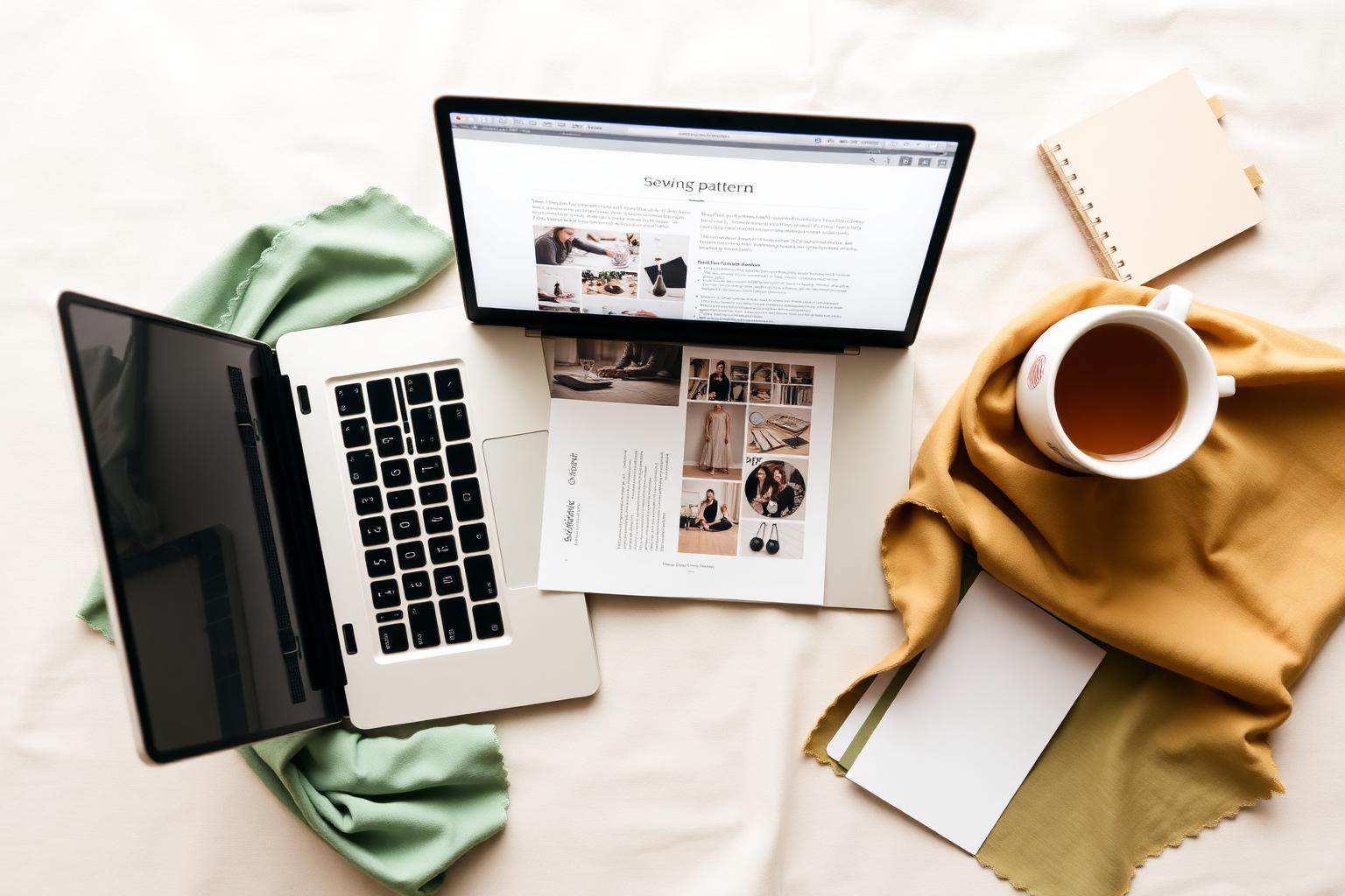 Laptop showing a free sewing pattern PDF download with fabric swatches and tea on a cream linen desk