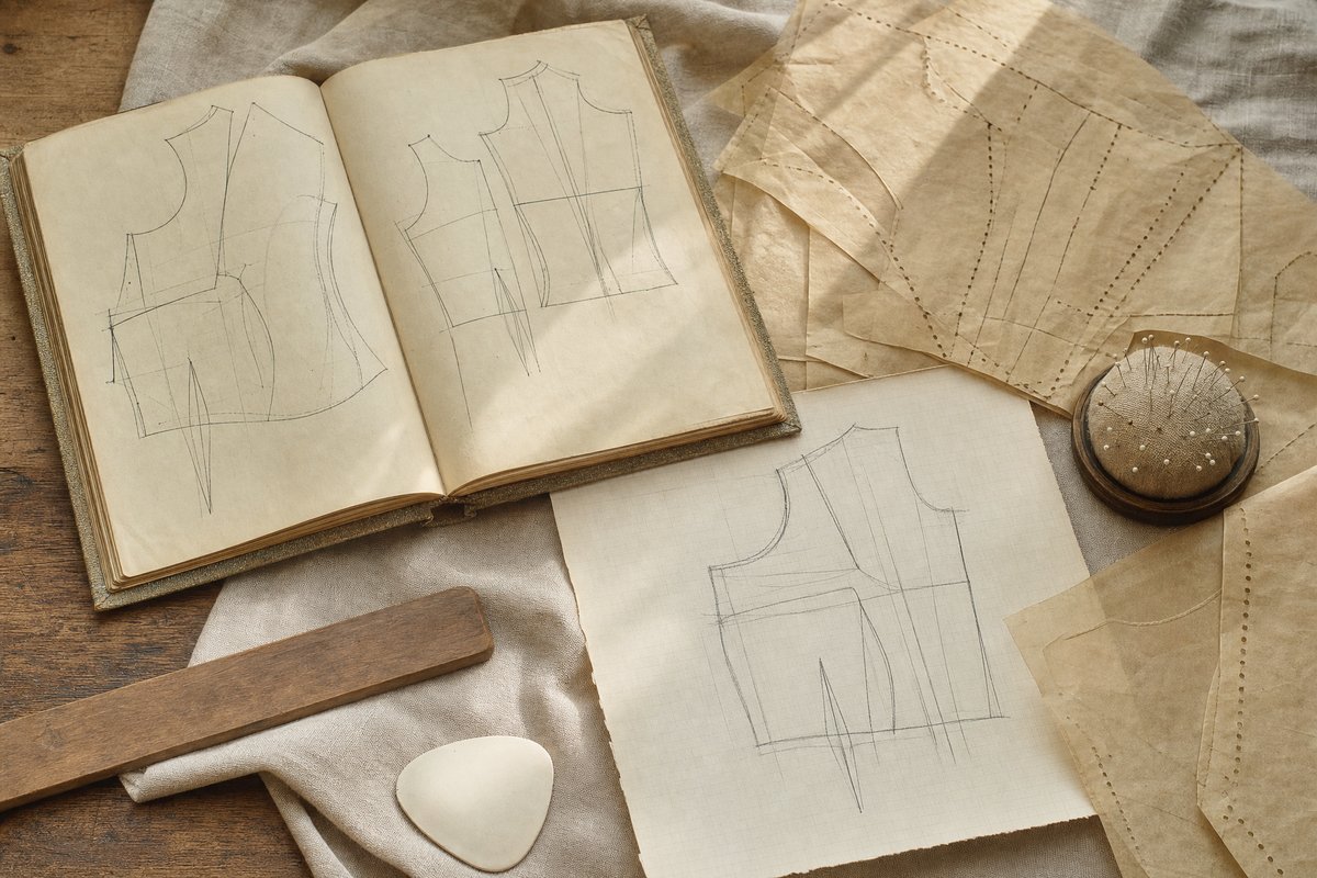 Vintage sewing pattern research on a wooden desk: tan tissue pattern pieces, an antique dressmaking book open to bodice drafting diagrams, a pencil draft on grid paper and a pincushion