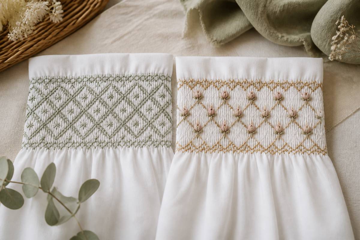 Two smocked panels side by side, one geometric diamond pattern and one picture-smocked rosebud design
