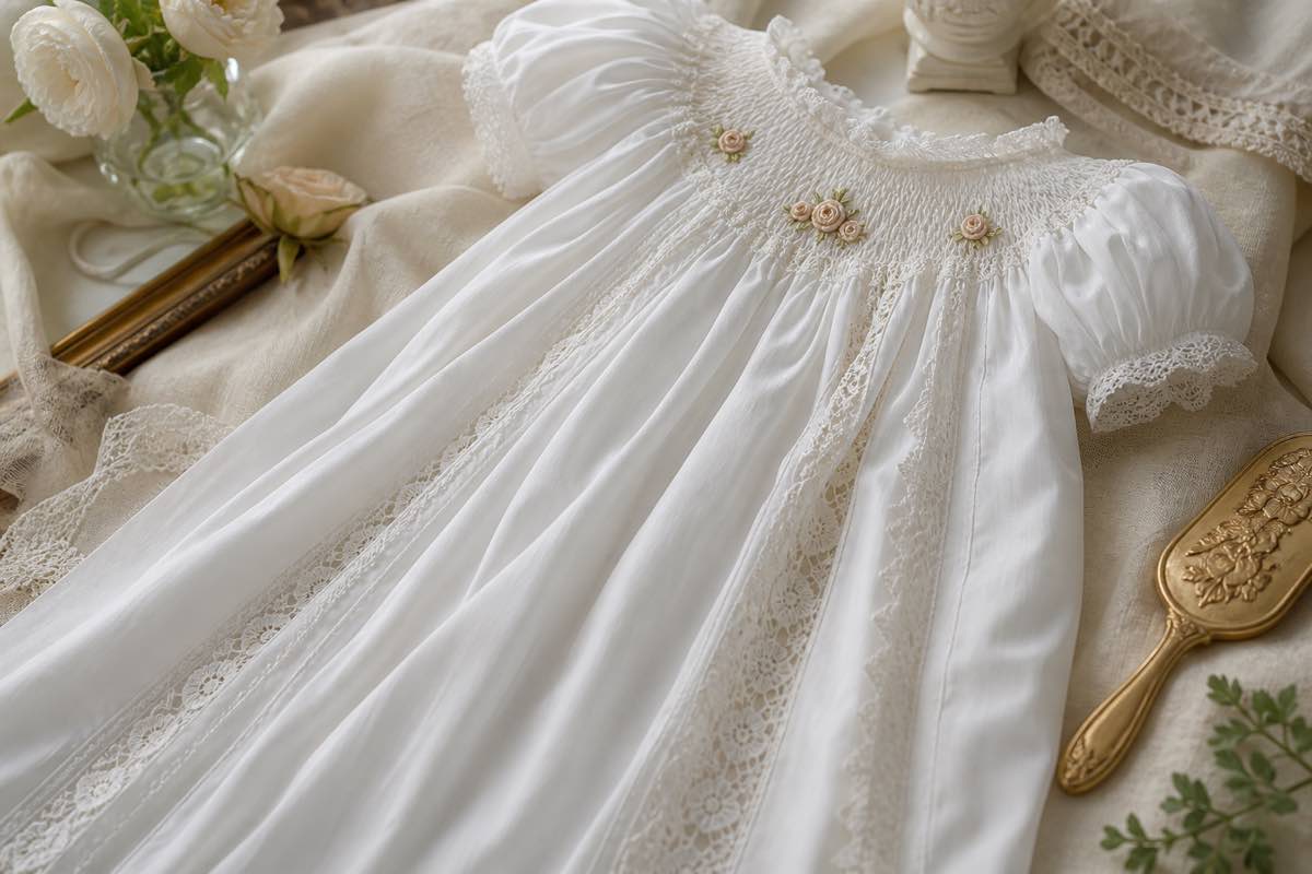 Finished heirloom christening gown in Swiss batiste with smocked yoke, French lace, and embroidered bullion roses
