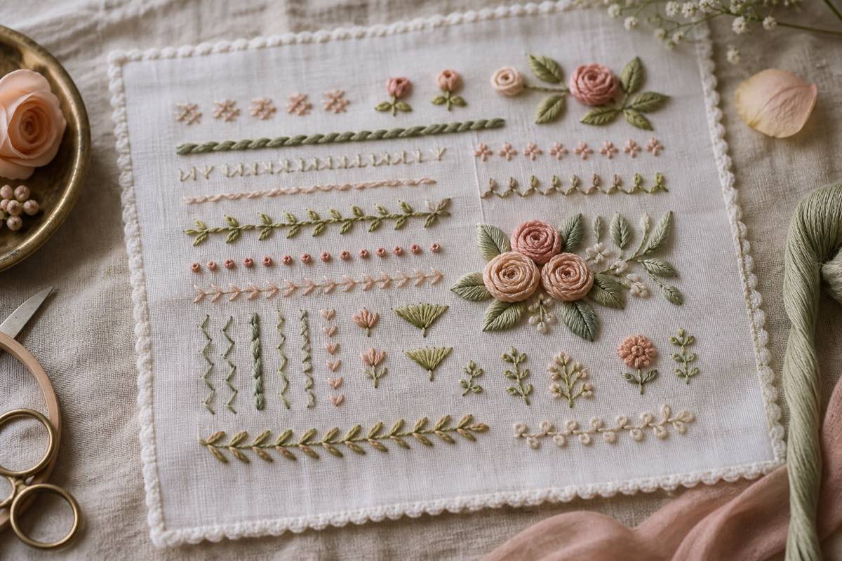 Sampler of heirloom embroidery stitches on white batiste including bullion roses and satin leaves