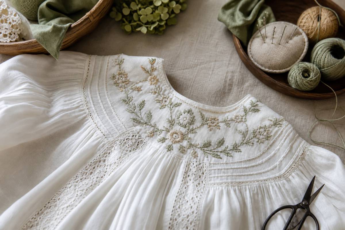 Heirloom sewing project with lace insertion, pintucks, and hand-embroidered bishop yoke