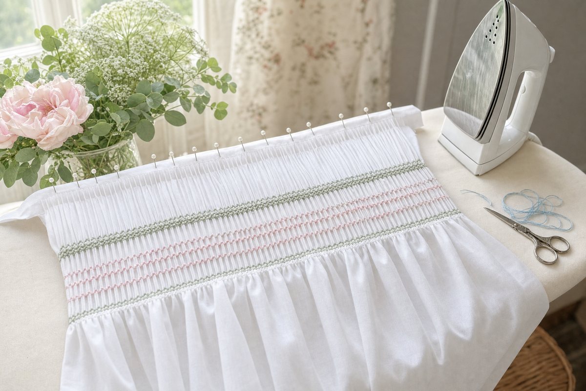 A smocked white batiste panel pinned to width on a padded blocking board beside a steam iron