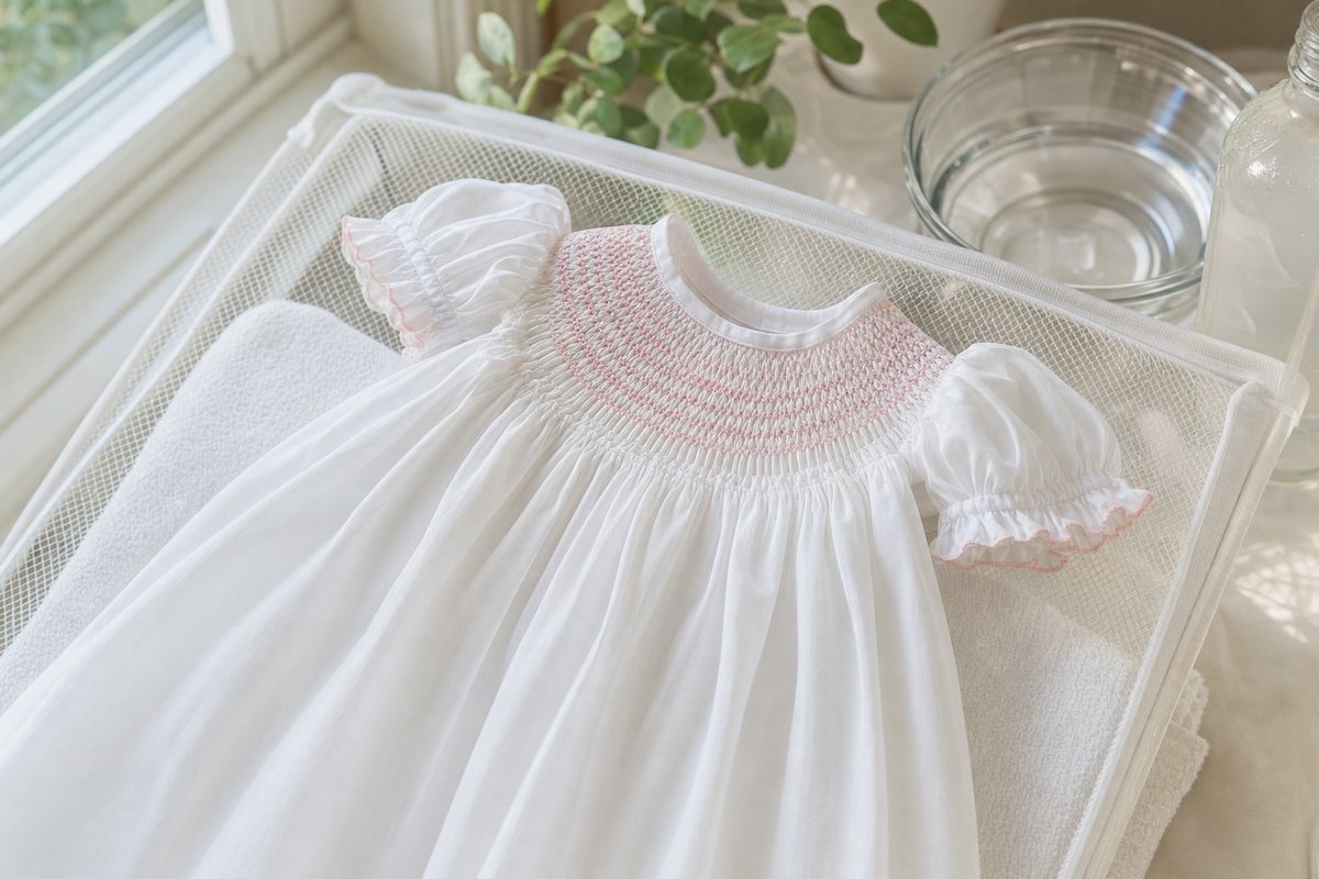 A white smocked christening gown being folded with acid-free tissue paper into an archival box