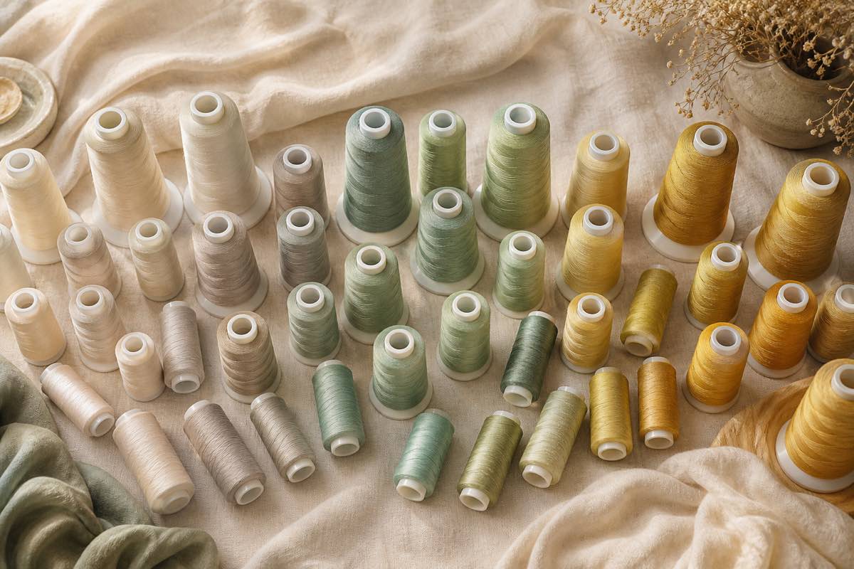 Thread collection cataloged by color family with brand and weight tags