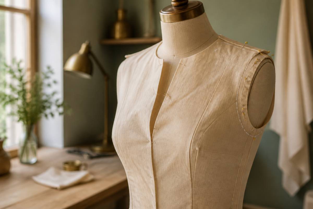 A muslin bodice on a dress form pinned to correct a gaping neckline, with chalk marks and pins showing fit adjustments at the shoulder and armhole