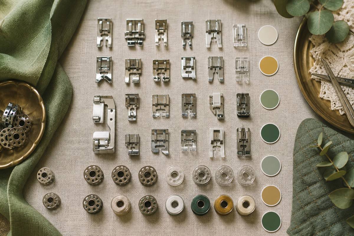 Sewing machine accessories inventory with labeled presser feet and bobbins
