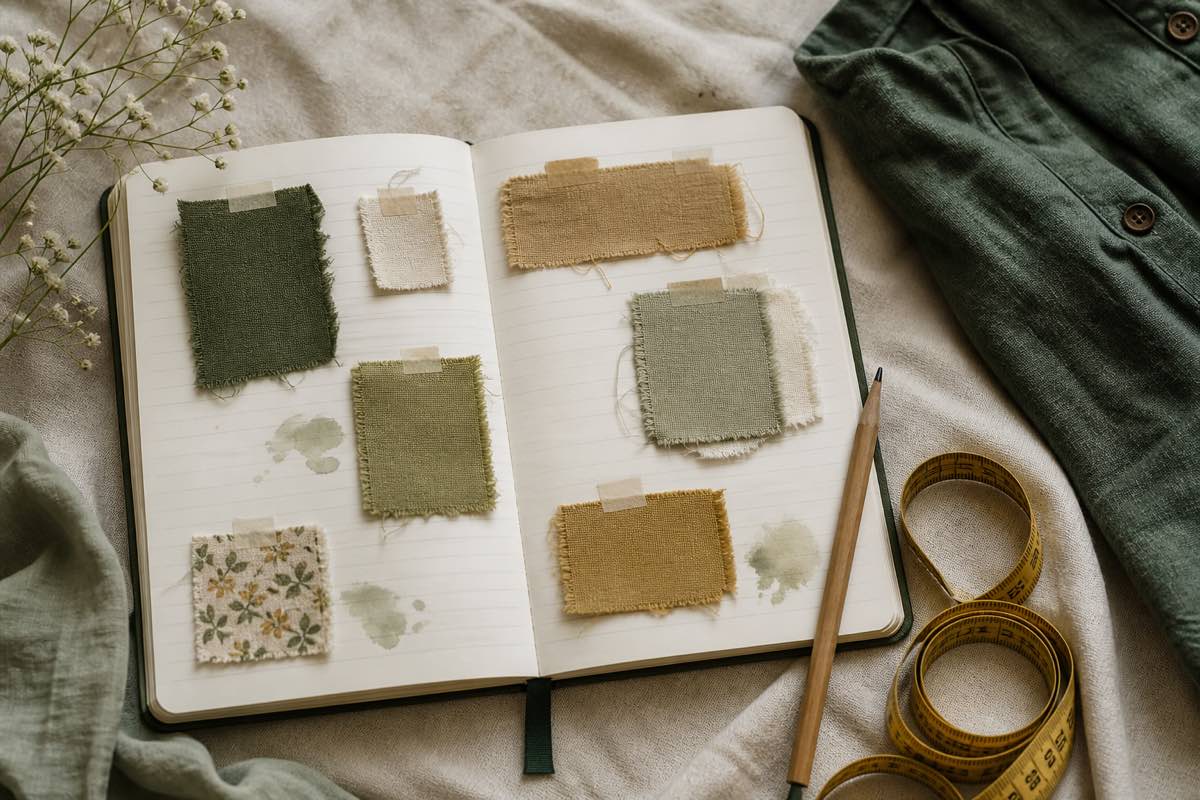 Overhead flat lay of an open lined notebook with handwritten notes and fabric swatches taped in, a pencil, a coiled measuring tape, and a folded forest green garment