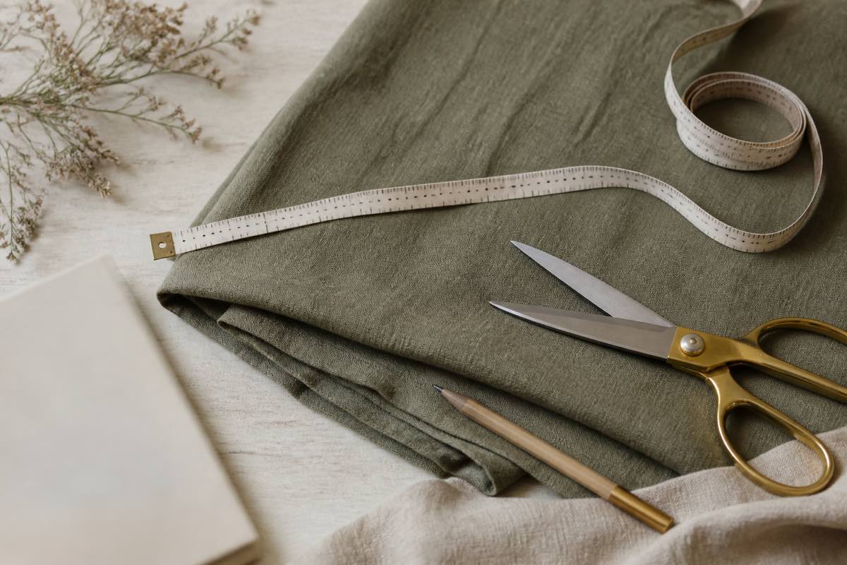 Tape measure stretched across folded olive linen fabric beside a sewing pattern yardage chart, scissors, and pencil on a cream wood table