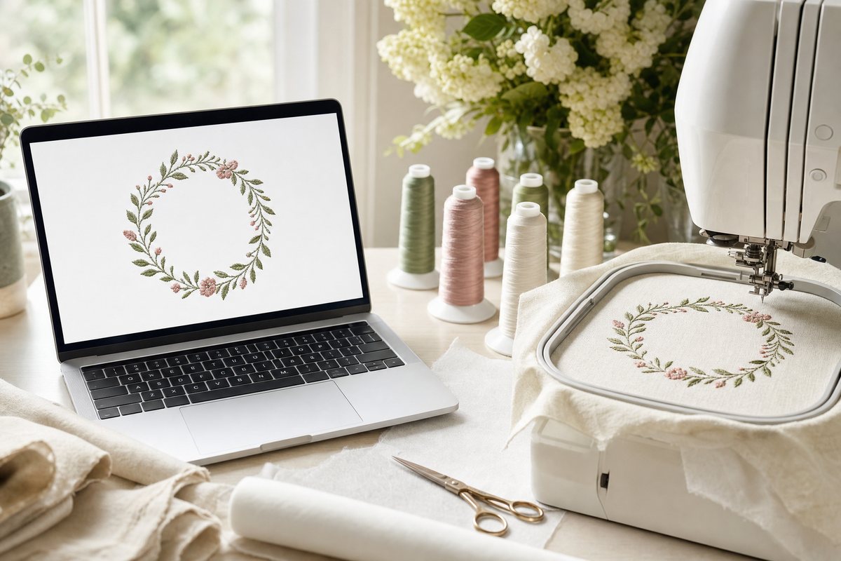An unbranded silver laptop showing a stitched wreath preview beside an embroidery machine hoop with the same wreath on linen and cones of thread