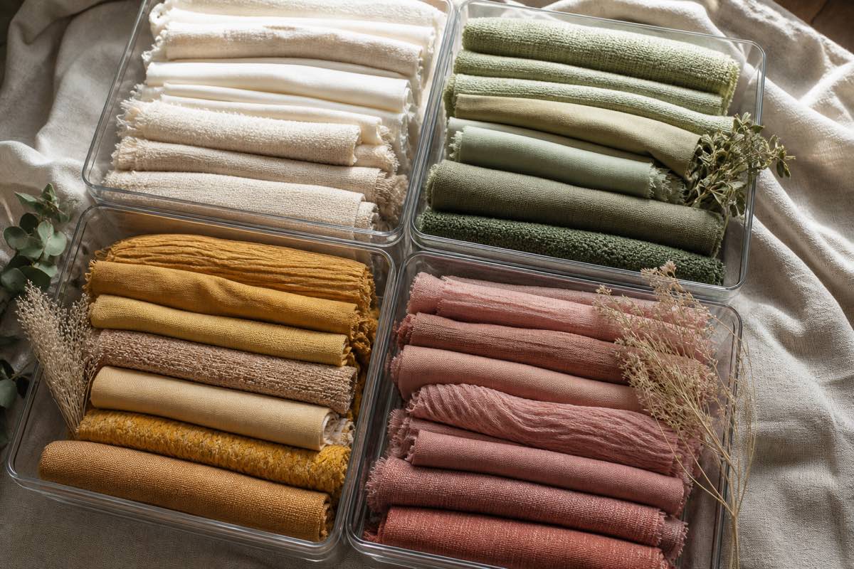 Fabric stash organized by color family in labeled clear bins