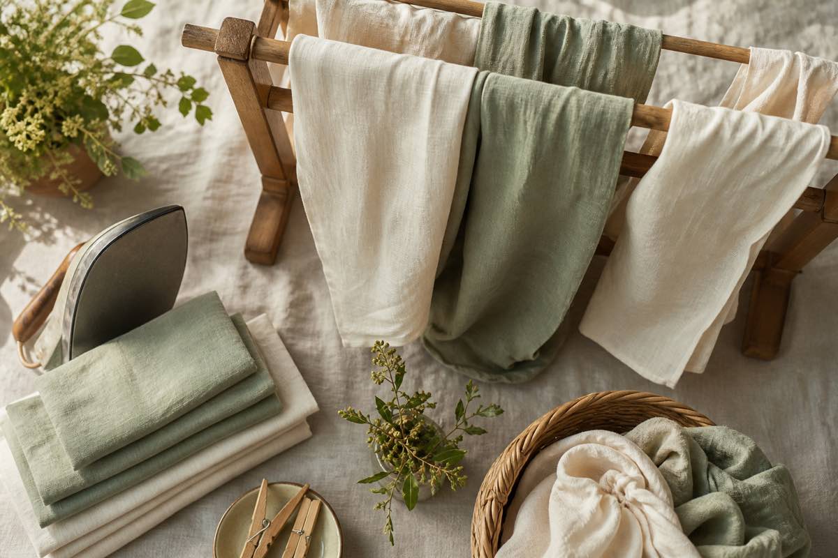 Freshly laundered cotton and linen fabric lengths draped over a drying rack beside an iron and folded pressed yardage