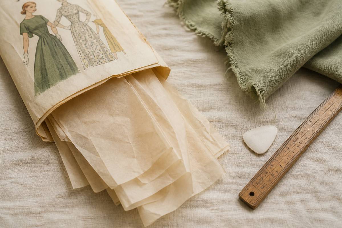 Open vintage sewing pattern envelope with tissue paper, wooden ruler, and tailor's chalk on cream linen