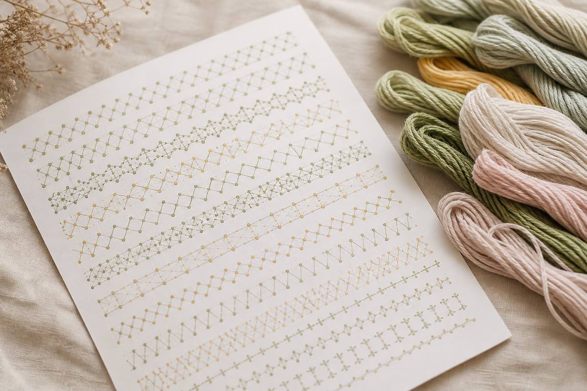 Annotated smocking plate chart with rows, stitch symbols, and floss color key