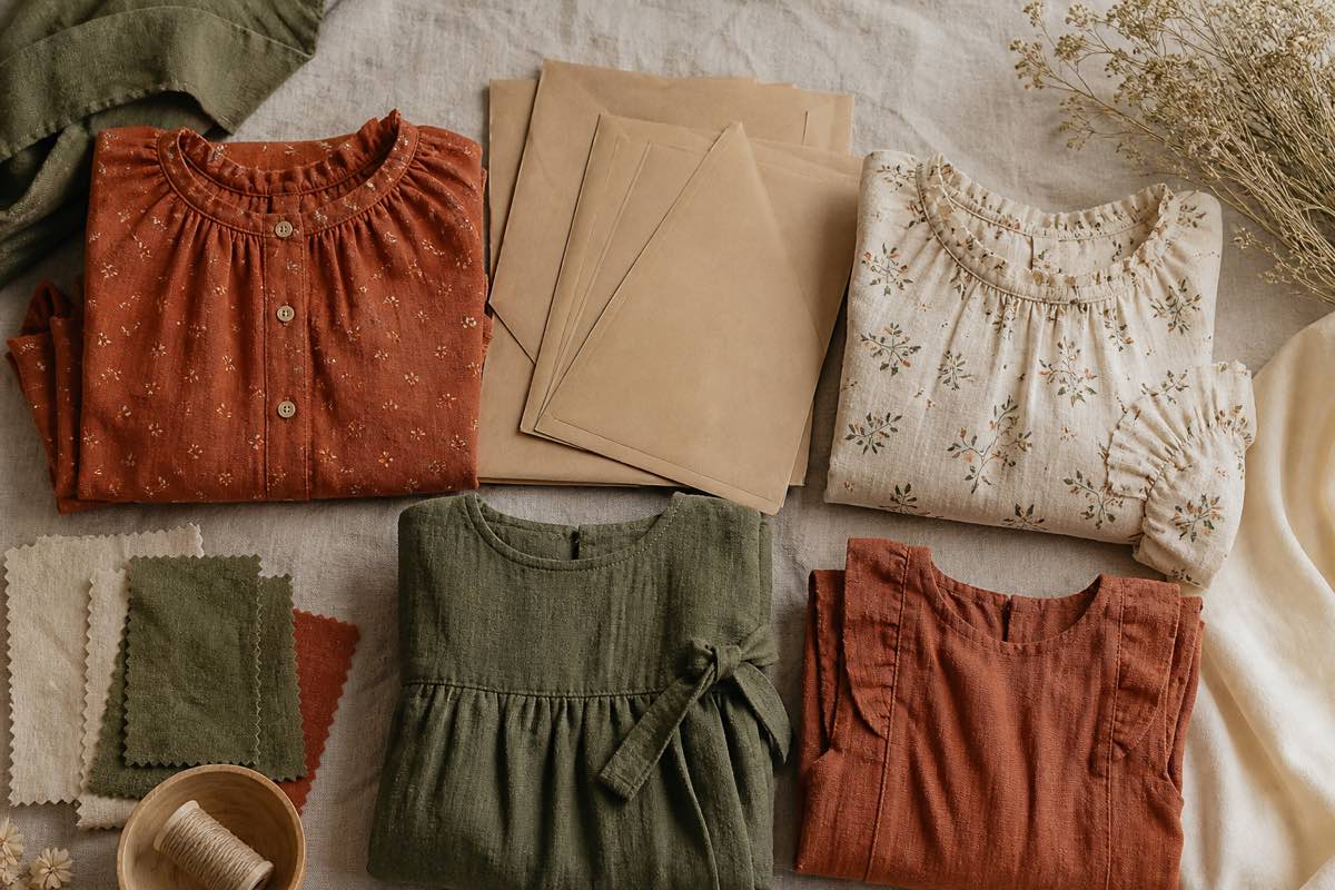 A flat lay of folded handmade garments in a coordinated palette of rust, cream, and olive, arranged with sewing patterns and fabric swatches
