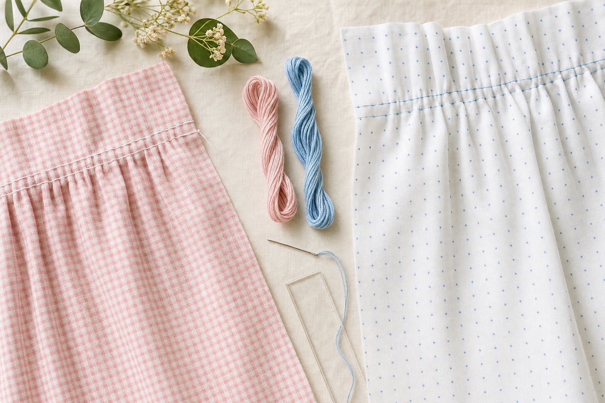 Hands pulling up rows of gathering thread through a white cotton panel marked with smocking dots