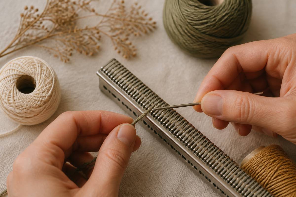 Threading a Read pleater needle with button and carpet thread