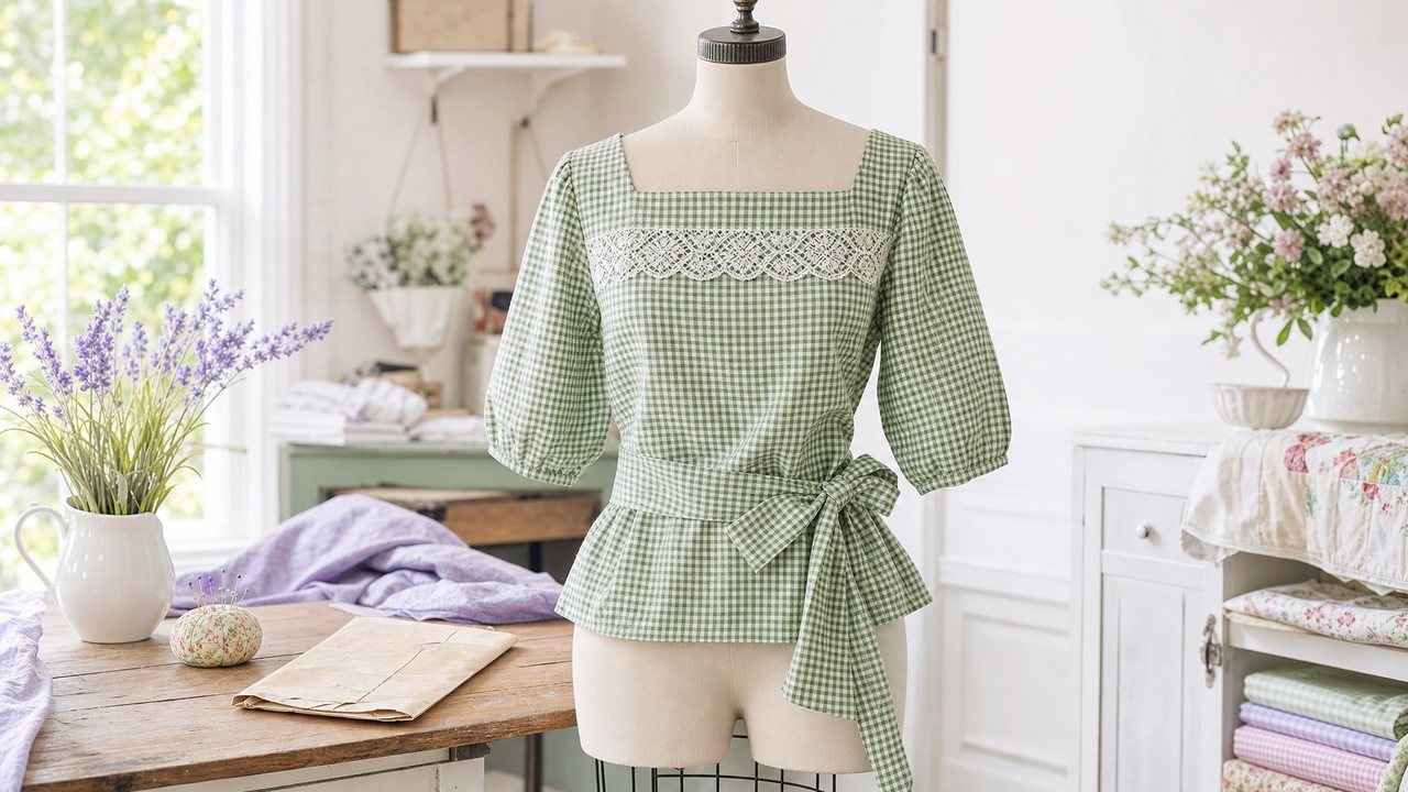 A dress form in green gingham with a square neck and lace insertion, beside a worktable with a vintage pattern envelope