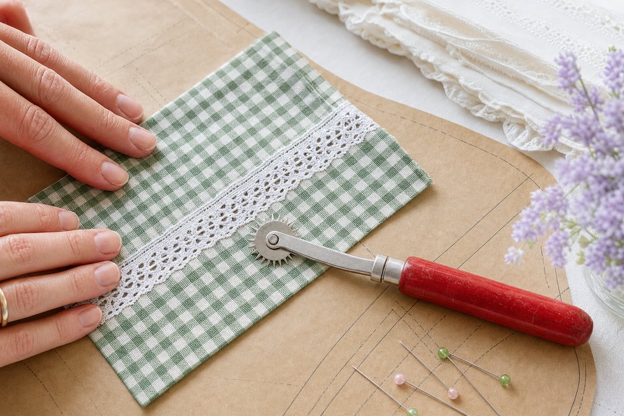 Green and white gingham swatch beside a strip of cotton lace insertion and a tracing wheel on brown pattern paper