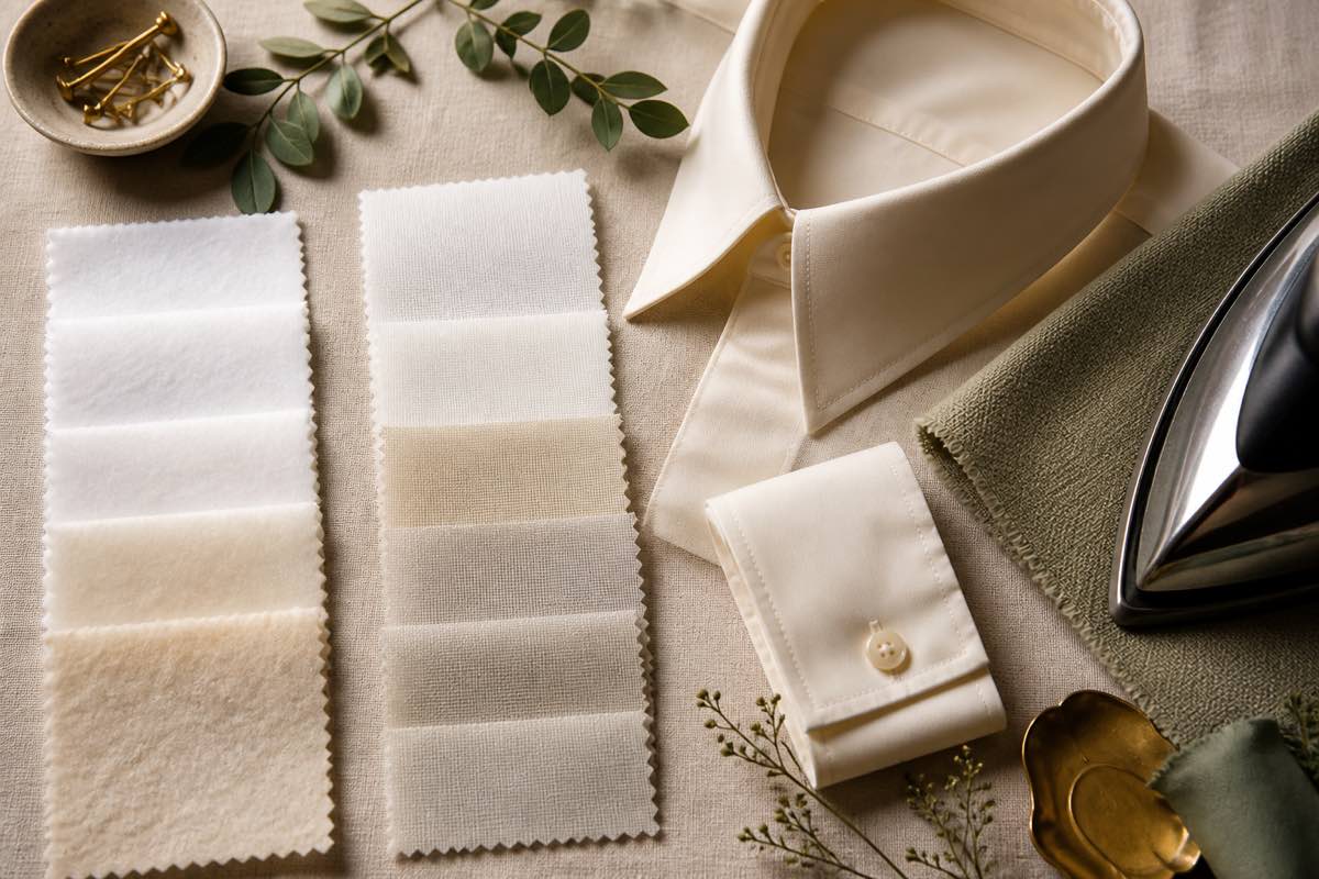 Swatches of fusible and sew-in interfacing in different weights laid beside a shirt collar and cuff, with an iron and pressing cloth