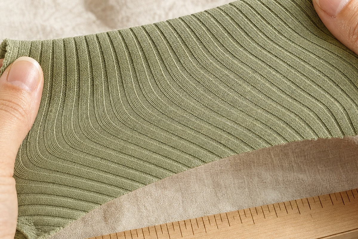 Hands stretching a sage green ribbed knit fabric swatch above a wooden ruler to measure stretch percentage