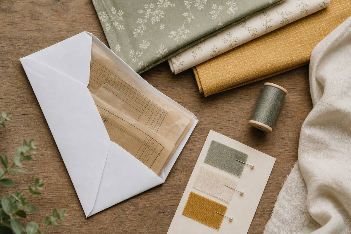 Open sewing pattern envelope on a wooden table with folded fabric in coordinating colors, thread spool, and handwritten swatch card