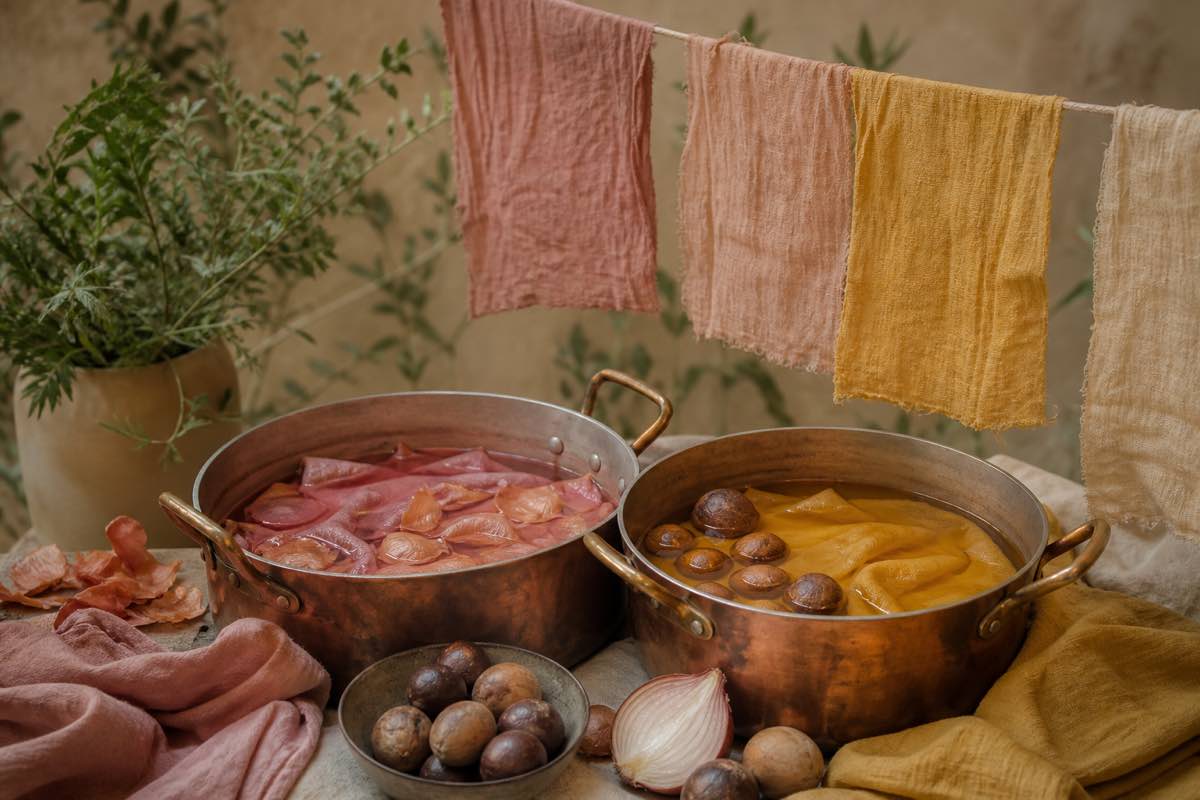 Pots of natural dye baths in soft pink and golden yellow with avocado pits and onion skins, dyed fabric swatches drying on a line nearby
