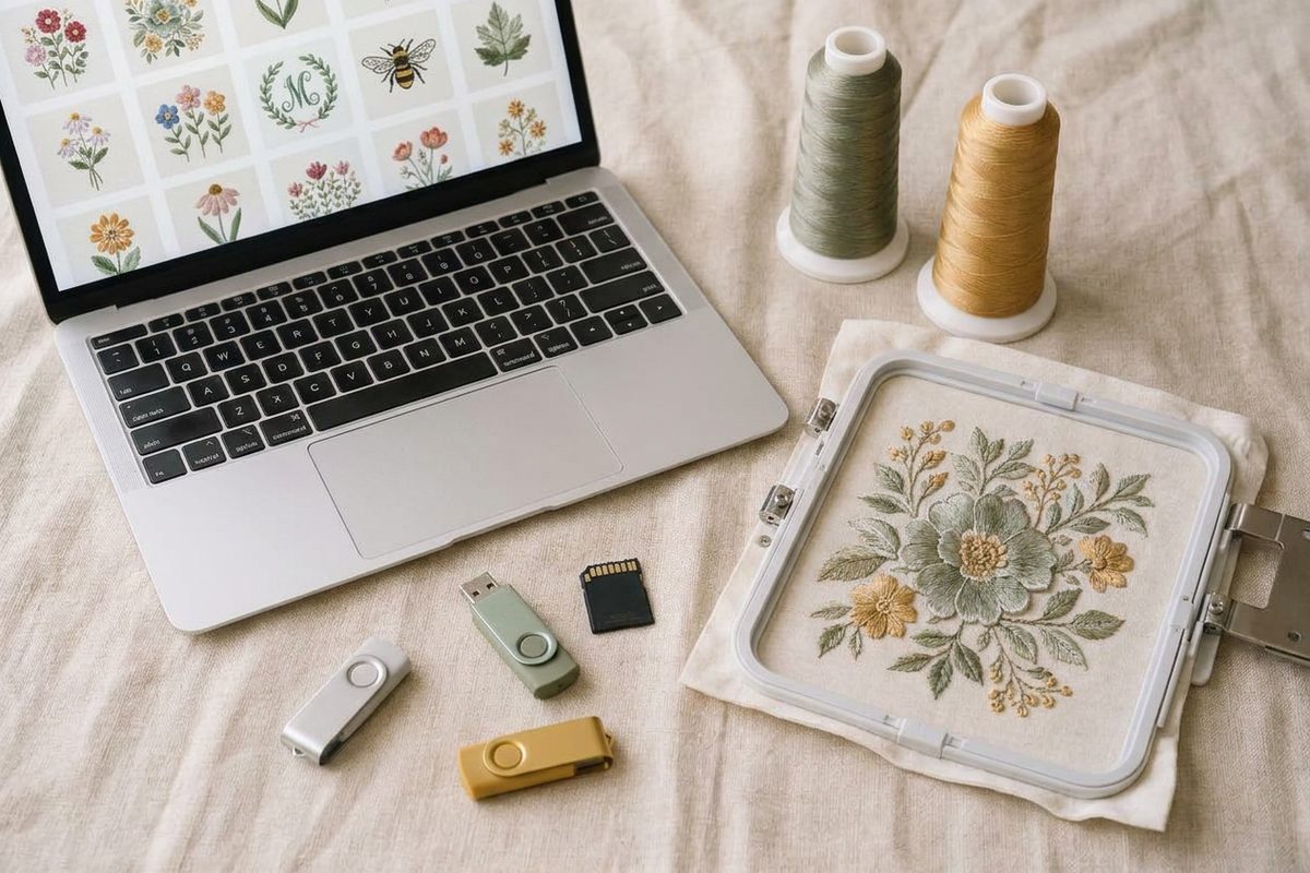 Laptop showing a grid of embroidery design previews beside USB drives, an SD card, thread cones and a machine embroidery hoop with a floral design