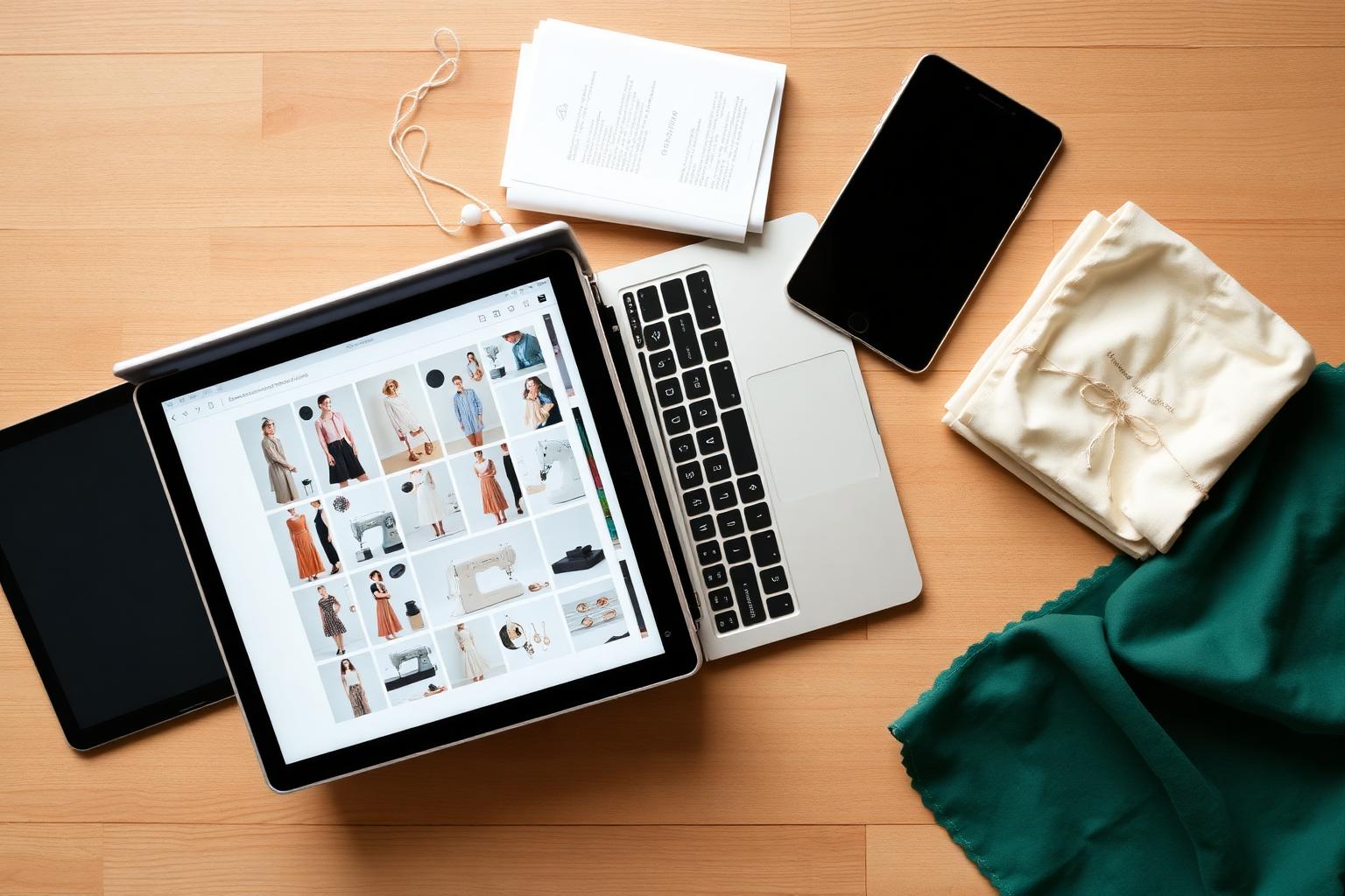 Overhead flat lay of a laptop showing a sewing pattern thumbnail grid beside printed PDF pages, a tablet, and folded cream and forest green fabric on a wooden desk