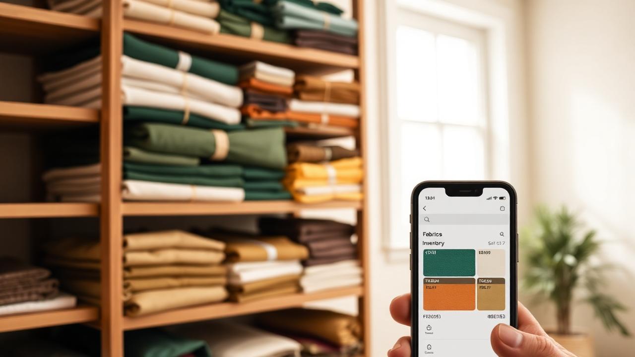 Tidy fabric stash on wooden shelves sorted by color with a phone showing a digital fabric inventory