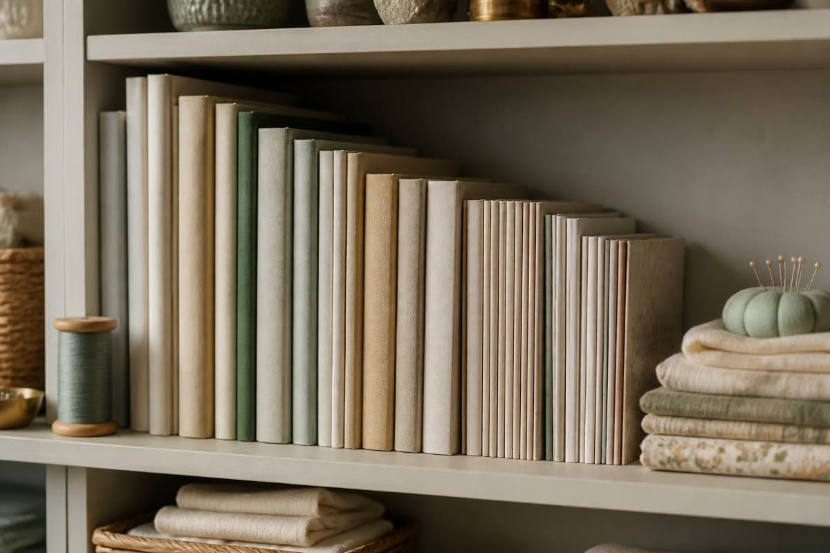 Shelf of sewing books, magazines and catalogs organized by issue
