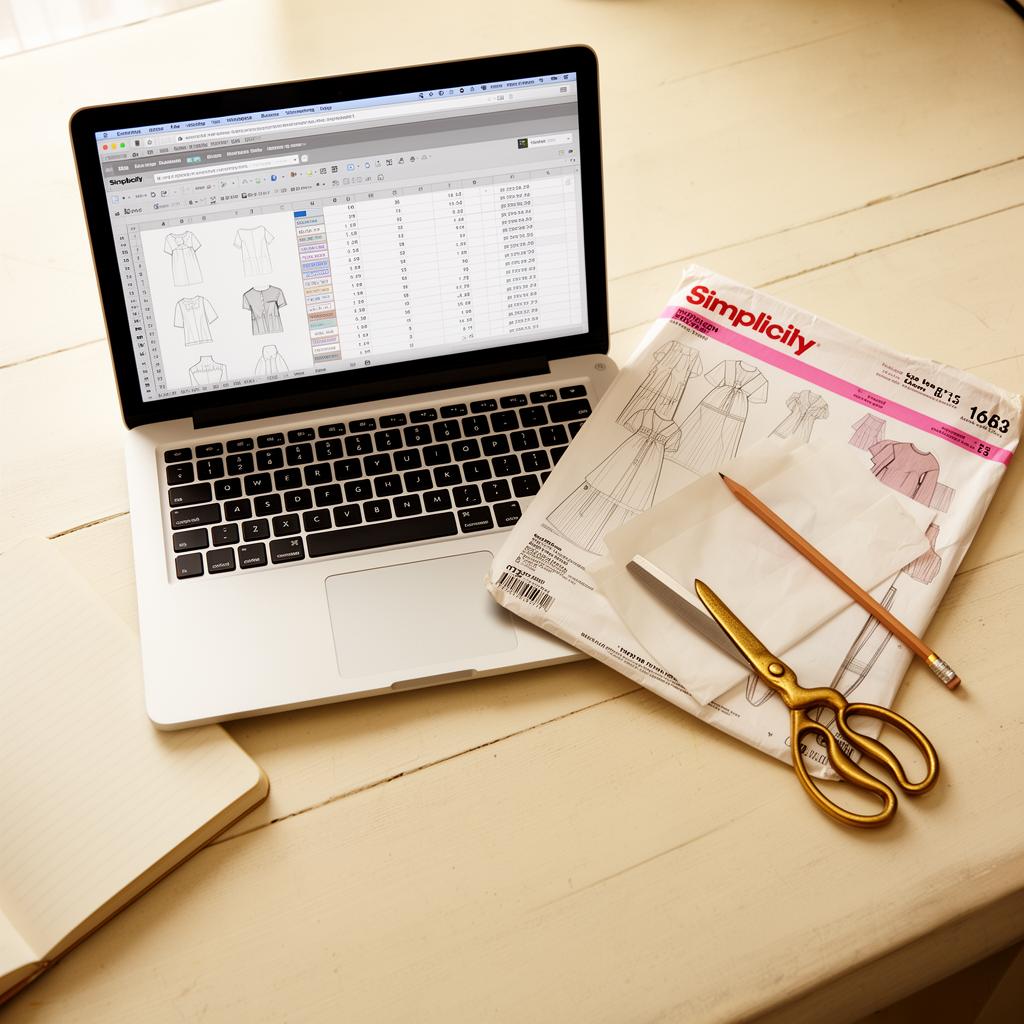 Laptop showing a spreadsheet-style database of sewing patterns with thumbnails beside an open Simplicity pattern envelope, pencil, and brass scissors on a cream wood desk