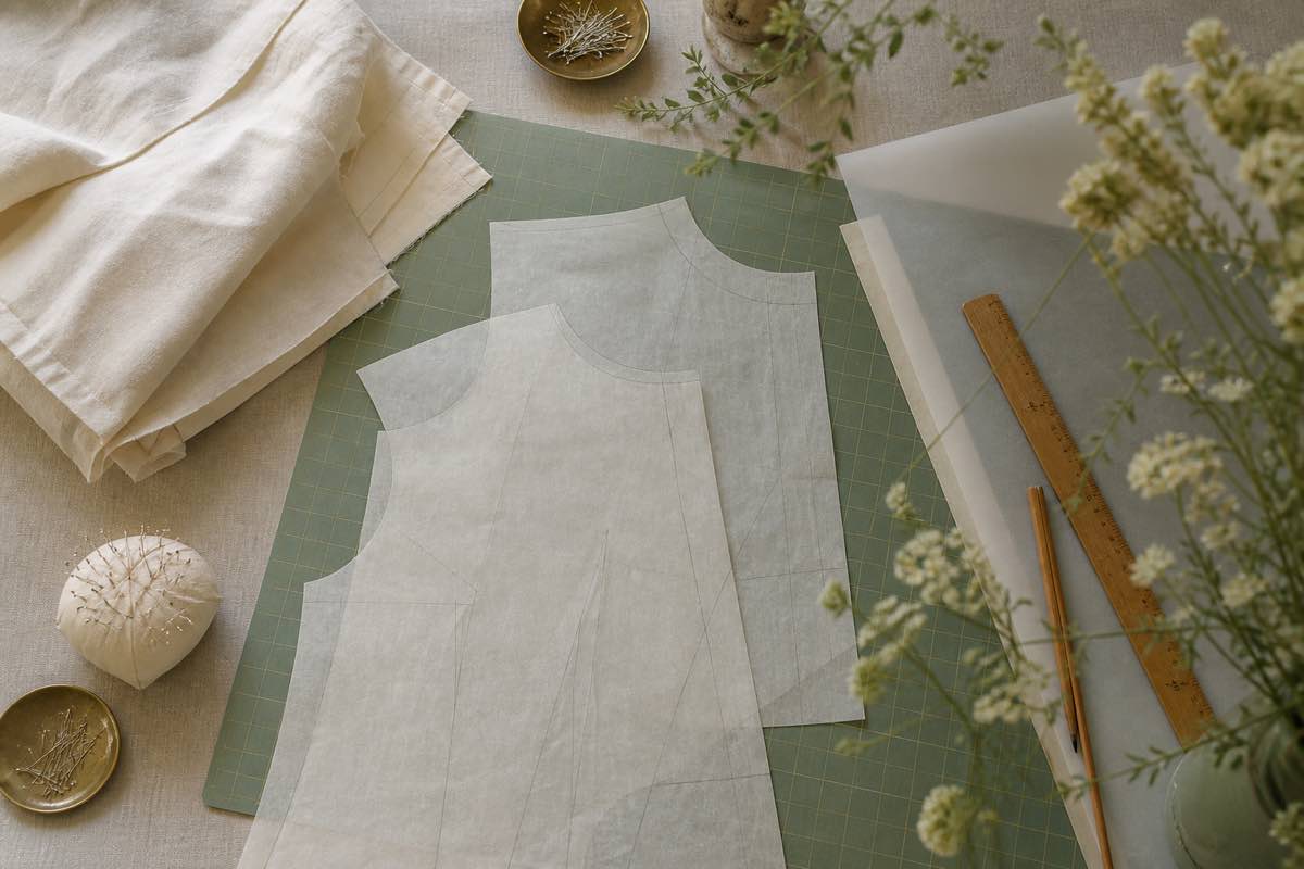Two sewing pattern pieces overlapping on a cutting mat with tracing paper, ruler, pencil marks, and a folded muslin toile