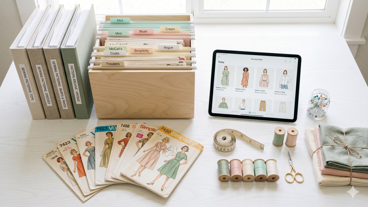 Sewing pattern collection organizer app showing a grid of pattern envelopes with filters