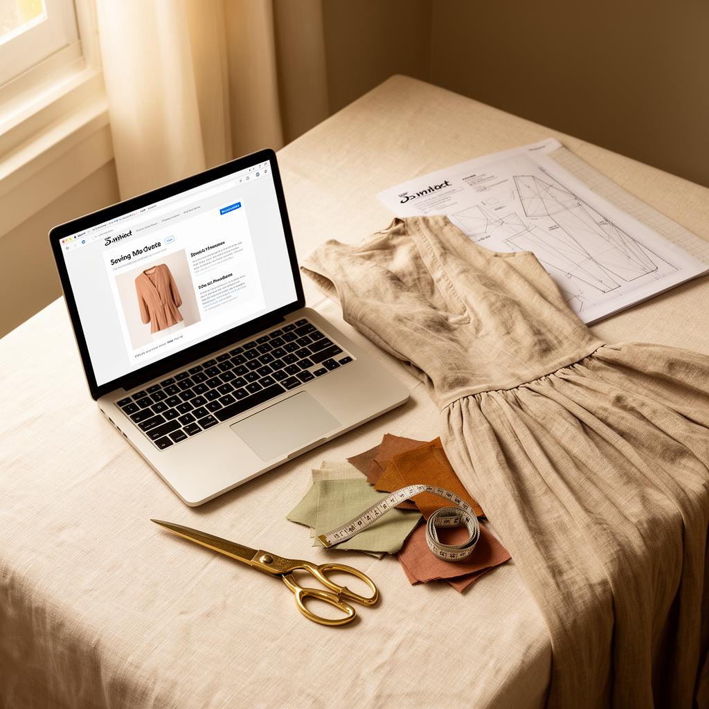 Laptop showing a clean sewing project review interface beside a folded finished linen dress, fabric swatches, brass scissors, and a sewing pattern envelope