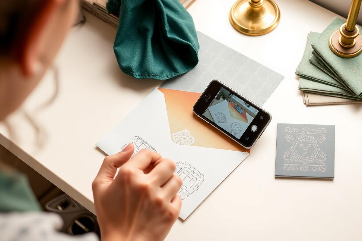 Sewist photographing a pattern envelope with a phone to catalog it