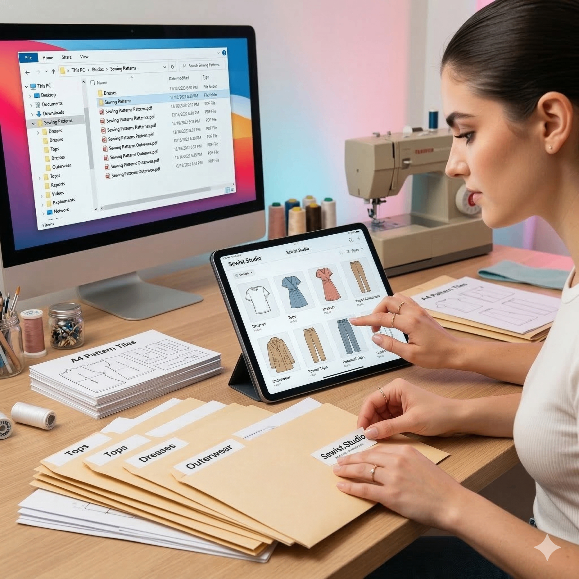 Sewist organizing PDF sewing patterns on a tablet alongside labeled pattern envelopes on a desk