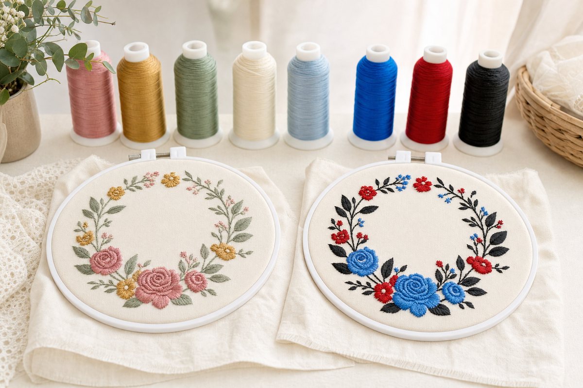 Two identical stitched floral wreaths in white embroidery hoops, one in rose, gold and sage, the other in mismatched default thread colors