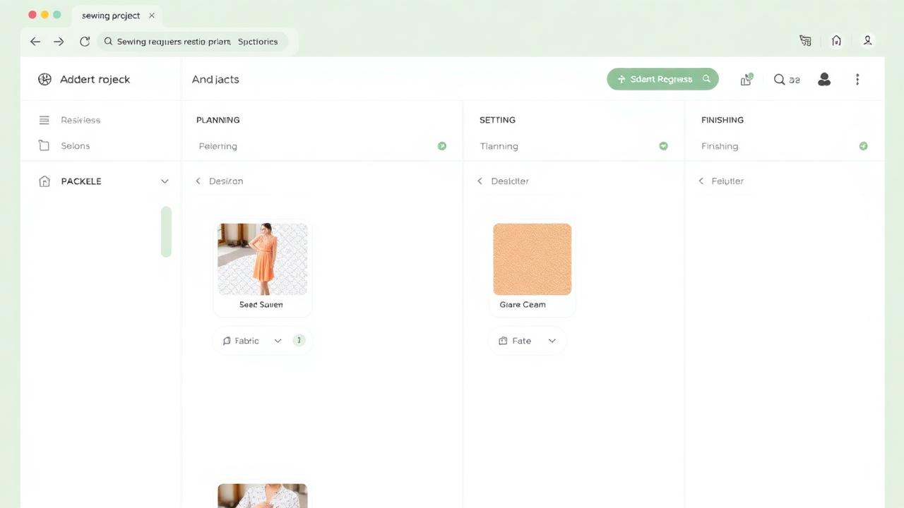 Sewing project tracker kanban board with planning, sewing, and finishing columns