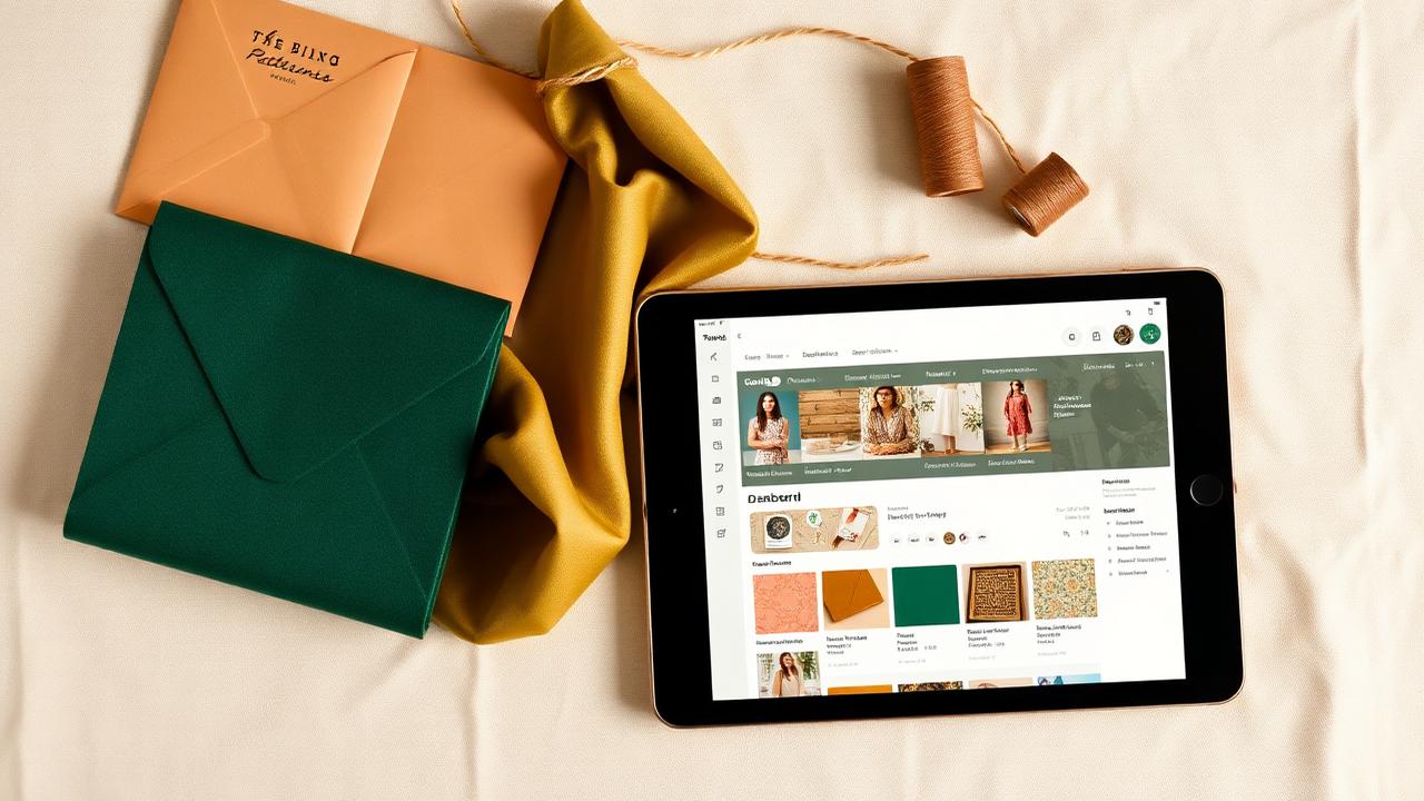Sewing pattern envelopes, folded fabric, and thread next to a tablet showing a digital sewing room dashboard