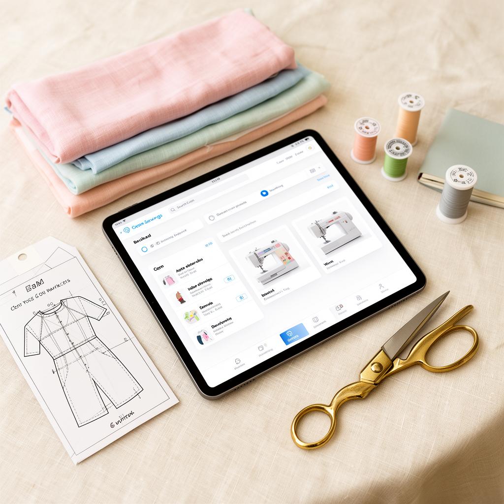 Tablet showing a clean sewing project dashboard beside folded pastel fabric, a pattern envelope, brass scissors, and thread spools