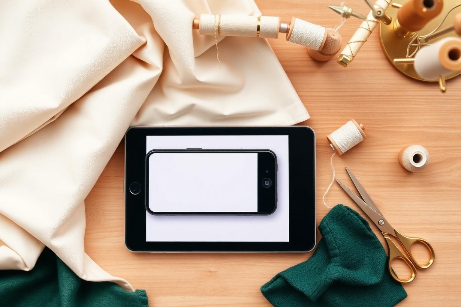 Overhead flat lay of a tablet and phone with abstract grid interfaces, surrounded by folded cream and forest green fabric, thread spools, and scissors on a wooden desk