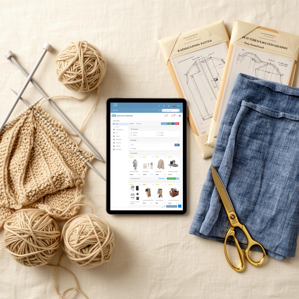 Split editorial flat-lay of knitting needles with yarn on one side and sewing pattern envelopes with linen fabric on the other, joined by a tablet showing a catalog dashboard