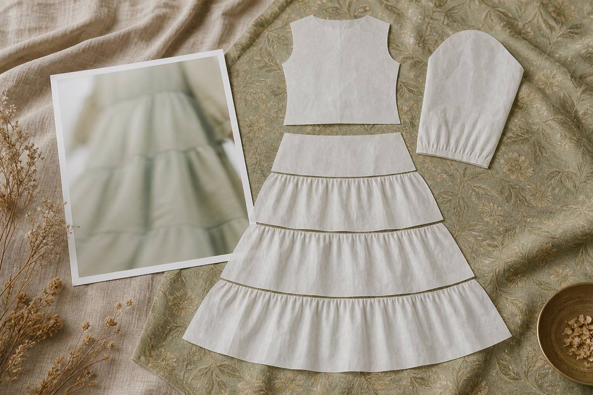 An inspiration photo of a tiered midi dress beside separated pattern pieces — a bodice, gathered sleeve, and tiered skirt — laid out on patterned fabric