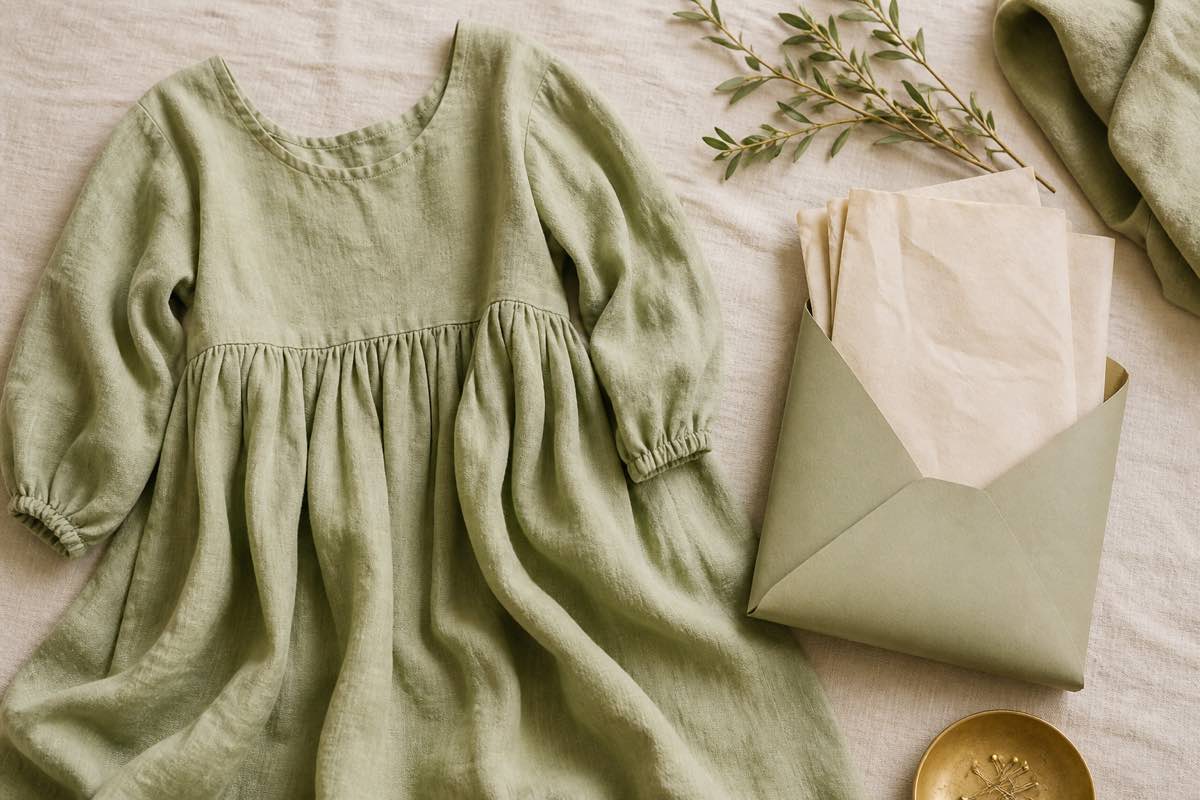Photo of a flowy linen dress next to its matching sewing pattern envelope