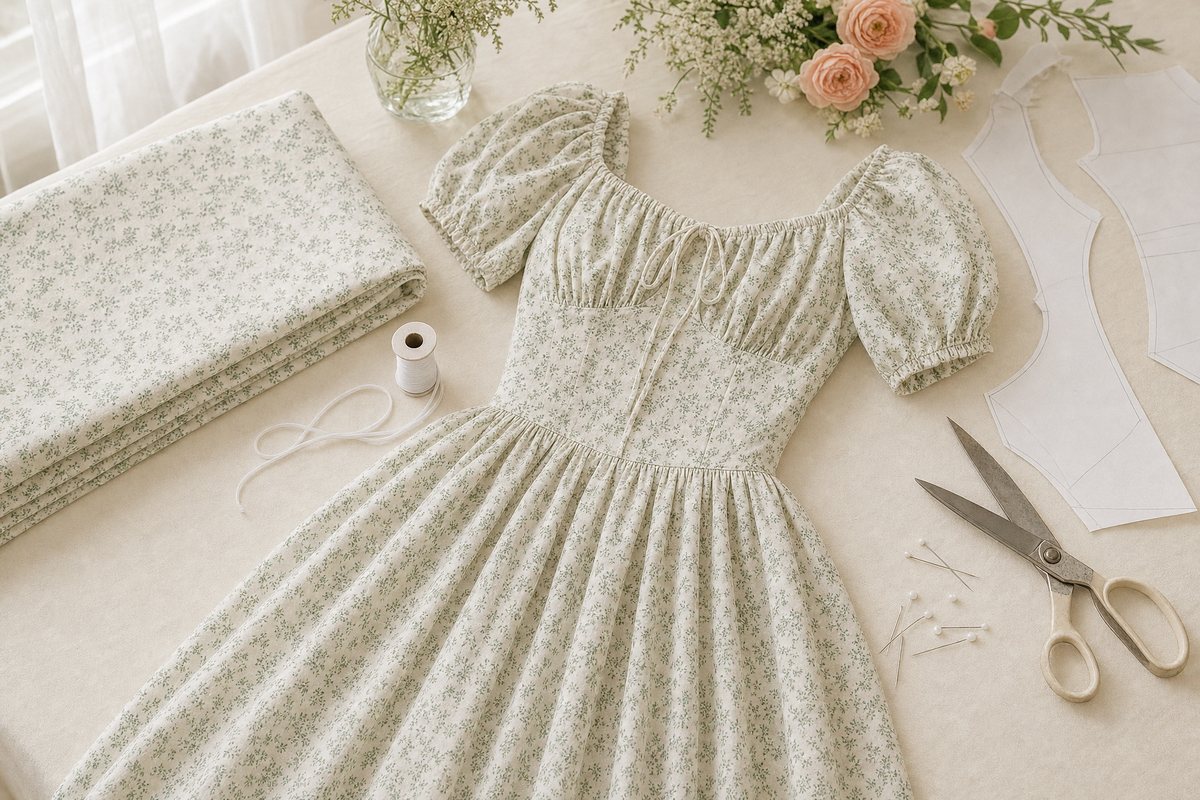 A sage and cream floral milkmaid dress with puff sleeves laid on a cutting table beside matching cotton lawn, pattern pieces, elastic thread and shears