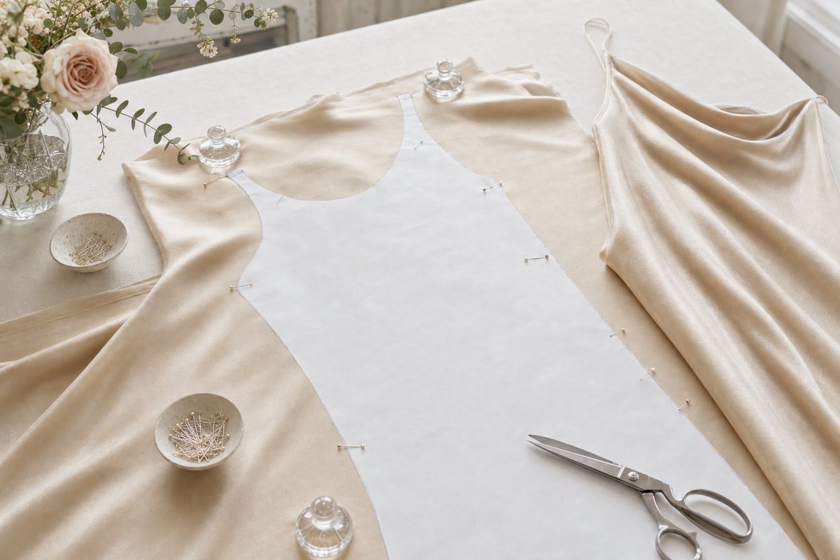 Champagne satin on a cutting table with a white slip dress pattern piece, glass-head pins, weights and shears, a finished slip dress folded at the edge